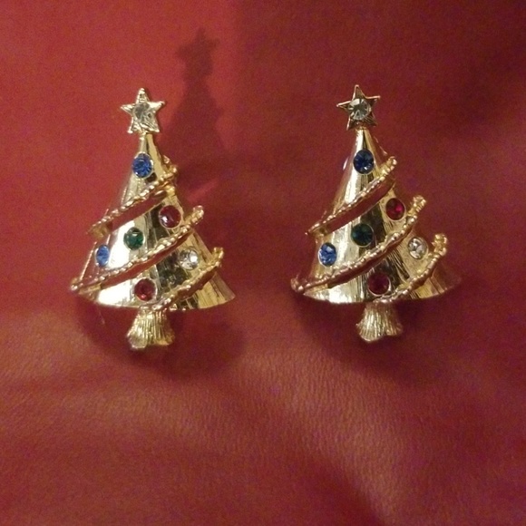 Goldtone Rhinestone Accent Christmas Tree Earrings - Picture 2 of 6